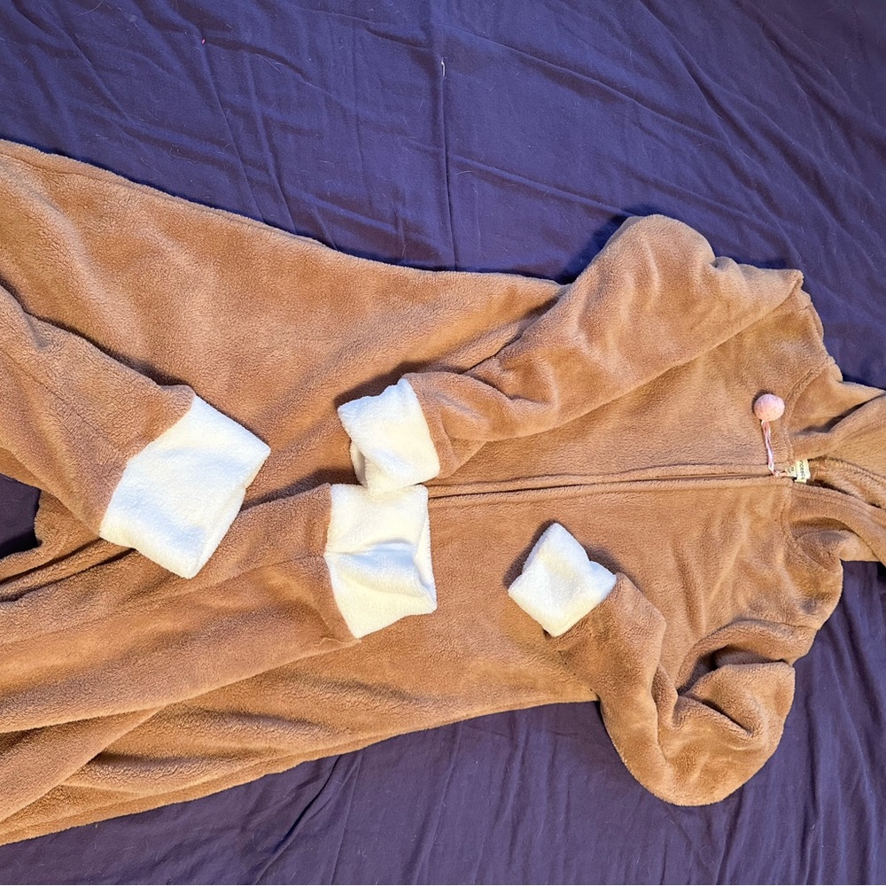 Francescas Brown deer hood fleece onesie  with White Cuffs sz xs